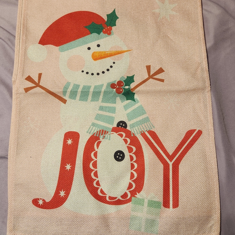 Festive Snowman Holiday Table Runner Joy Light Pink Green and Red 72" Long NWT